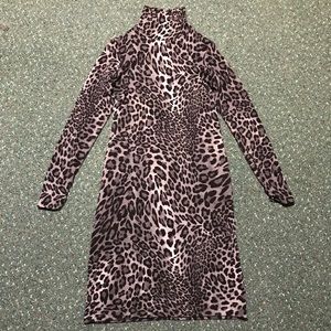 Leopard Pattern Wool Turtle Neck Midi dress